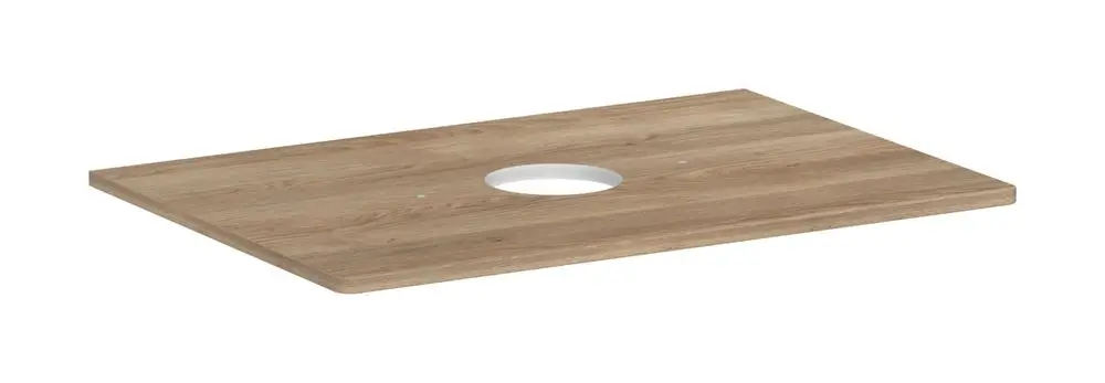 Konsole von Hansgrohe mit mittigem Ausschnitt, geeignet für einen Aufsatzwaschtisch. Oberfläche in Holzoptik, rechteckige Form.